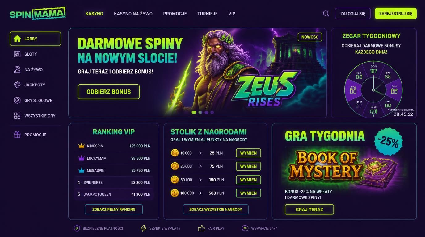 baner „gra tygodnia”, slot nowej gry, darmowe spiny, poziom VIP