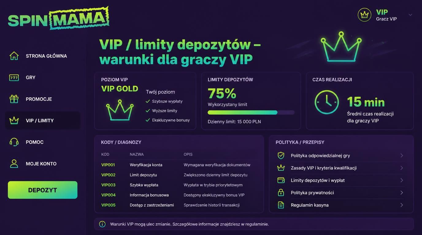 Panel VIP z limitami depozytów i warunkami dla graczy VIP