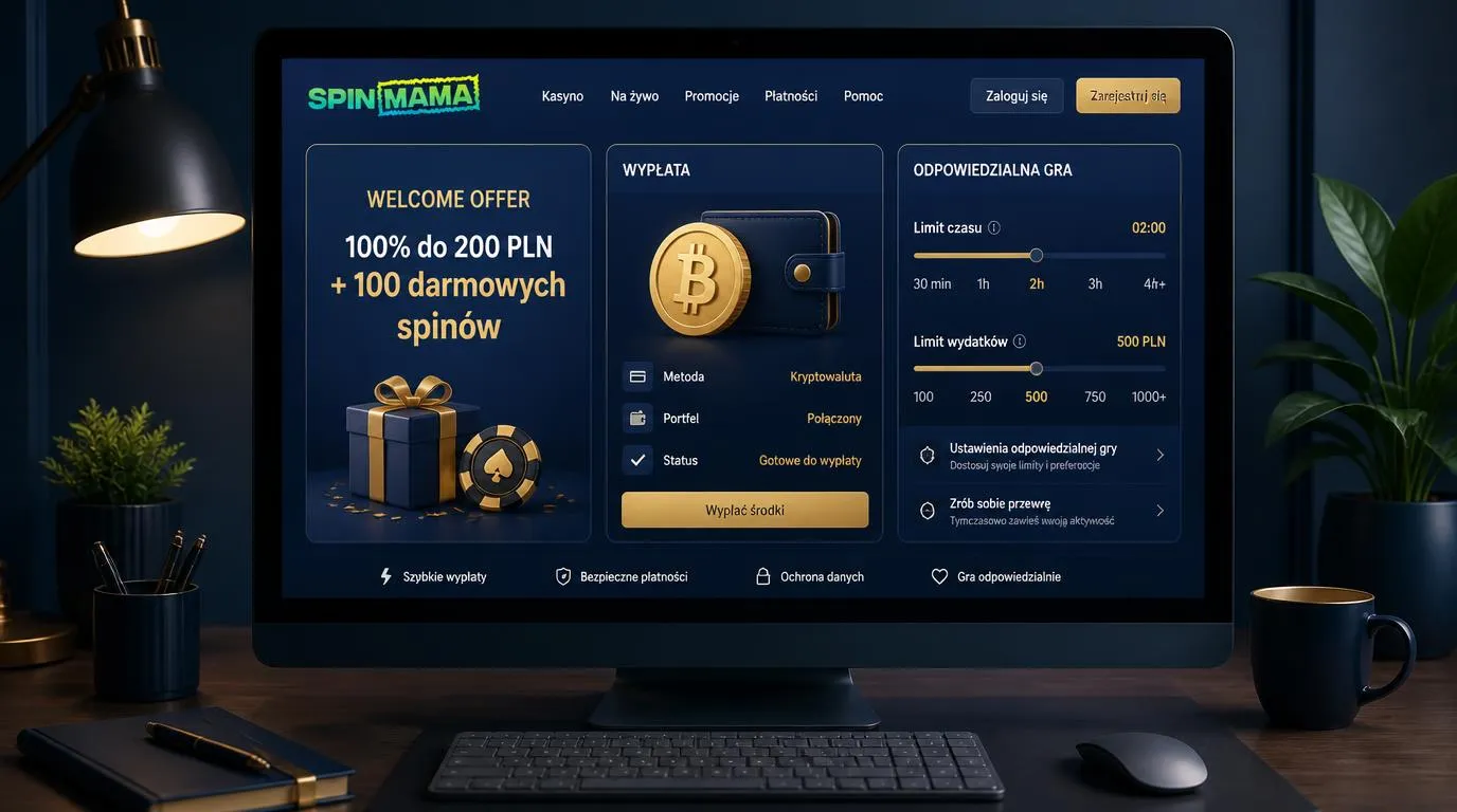 Panel oferty powitalnej kasyna z symbolami kryptowalut, portfela elektronicznego i limitów gry