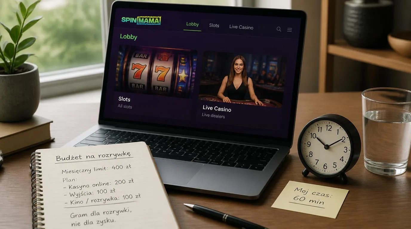 Notes z budżetem na rozrywkę i zegar obok laptopa z widokiem automatów oraz kasyna na żywo