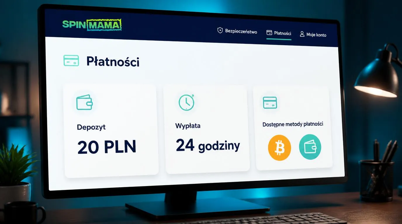 Panel płatności kasyna z depozytem 20 PLN, wypłatą w 24 godziny i ikonami kryptowalut oraz portfela elektronicznego